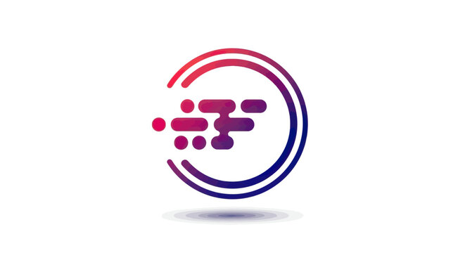 Gradient F letter logo with rounded dots and lines inside a broken circular frame.