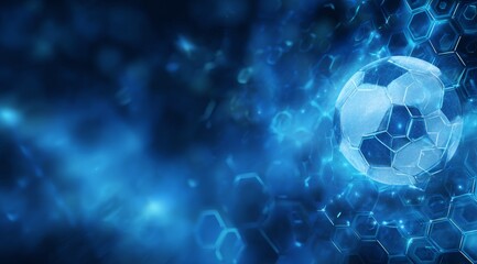 Abstract futuristic blue hexagonal pattern background with soccer ball sphere in space, technological illustration for banner, poster or presentation