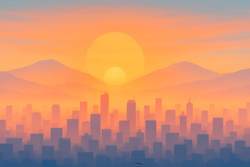 Abstract generative sunrise over Bandung cityscape with hills silhouette