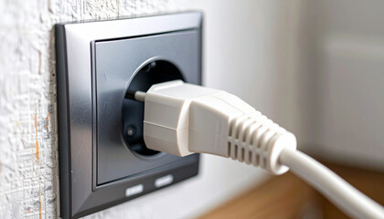 Close-up of a White European Plug in a Black Socket on a Textured Wall, Electrical Outlet with Power Cord Detailed View
