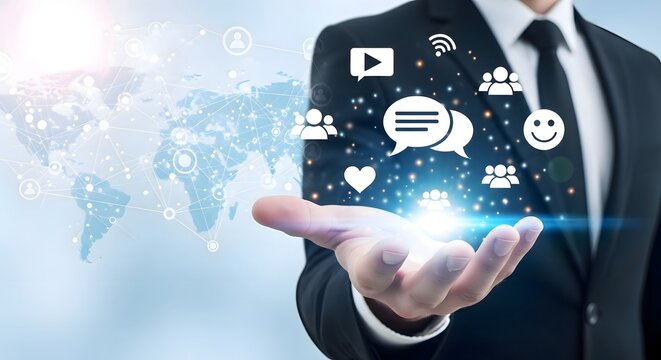 A business man holding social media icons with a world map background in a suit and tie outfit