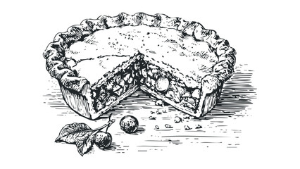 Detailed sketch of a round pie with a slice removed showing fruit filling and crust. Vector hand drawn illustration