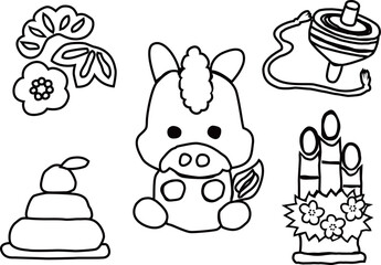 干支の馬のアウトライン白黒線画イラストセット　2026年賀状におすすめのかわいい午とお正月素材