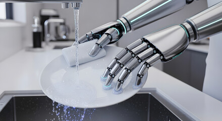 An advanced humanoid robot performs a household chore, washing a white plate with a sponge in a kitchen sink.
