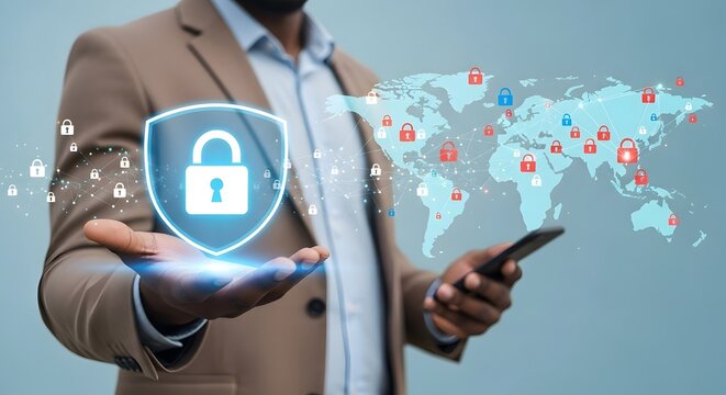 A man holding a digital shield with a padlock and a world map with lock icons in the background - Powered by Adobe
