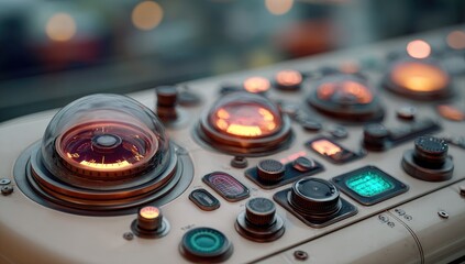 Close-up futuristic control panel with glowing dials and buttons