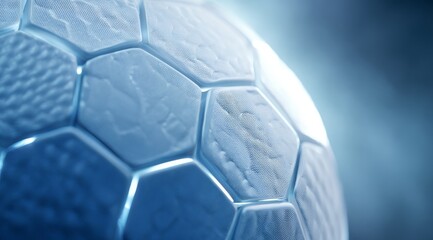Close-up of abstract soccer ball edge with hexagonal patterns in blue shades, futuristic reflections and depth on soft light background, sports technology innovation