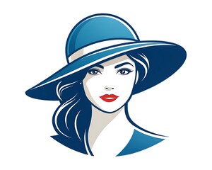 Elegant lady logo with a blue wide-brim hat, minimalist vector portrait for fashion or beauty branding 