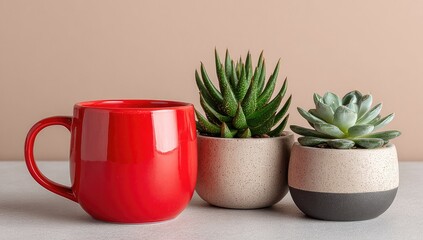 Red mug beside succulents in small pots on a light background