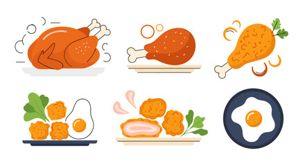 A delicious collection of fried chicken dishes and breakfast eggs presented in a clean vector illustration style