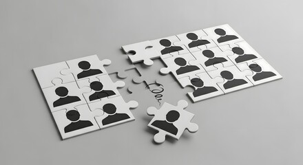 A puzzle with human icons almost complete on a gray surface with one piece being pulled away