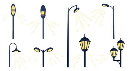 Collection of diverse street lighting fixtures illuminating outdoor spaces with warm yellow light
