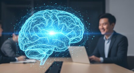 Digital brain overlay in a business meeting setting with people and laptops on a conference table