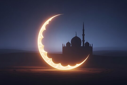 Stunning crescent moon and mosque silhouette evokes peace and spirituality during Ramadan, perfect for cultural and religious celebration designs - Powered by Adobe