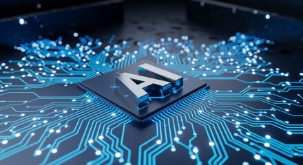 Artificial Intelligence (AI) icon on a glowing CPU. Futuristic technology concept showing a chip on a circuit board in a data center or server room.

