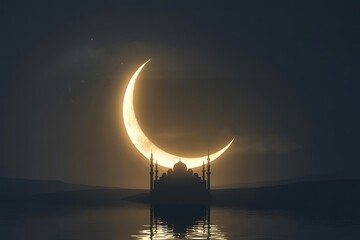 Serene crescent moon illuminating mosque silhouette over still water at night, conveying peace and spirituality for Ramadan and Eid celebrations