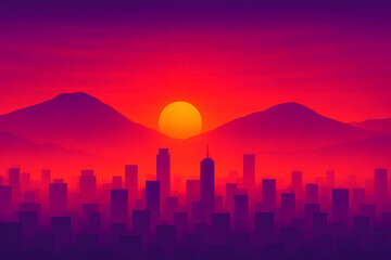 Abstract generative sunset over Bandung cityscape with magenta and crimson hues