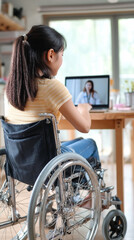 Woman in a wheelchair is using a laptop computer. She is talking to someone on the screen