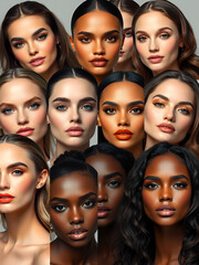 Obraz premium A diverse group of beautiful women with natural beauty and glowing smooth skin. Portrait of many attractive female fashion models with great skincare of all races, tones and style,