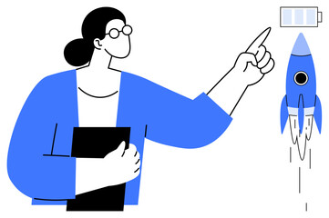 Person pointing at a charging battery and a launching rocket while holding a file. Ideal for innovation, growth, technology, energy, goal-setting, leadership, and productivity themes. Simple flat