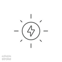 Solar energy icon. Simple outline style. Sun with lightning bolt, technology, nature, eco, ecology, sunlight, environment concept. Thin line symbol. Vector isolated design. Editable stroke