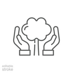 Conservation icon. Simple outline style. Hand tree care, plant, nature, green, growth, natural, organic, eco life, leaf, environment concept. Thin line symbol. Vector isolated design. Editable stroke