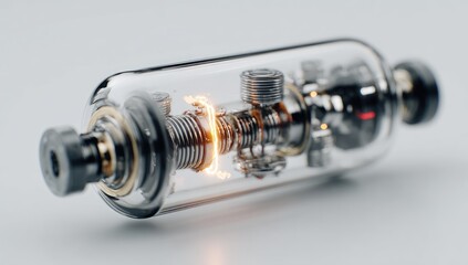 Glass capsule holding intricate mechanical components.  Internal gears and wires highlighted