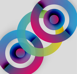 Abstract colorful circles overlap creating vibrant visual effect. Gradient hues blend smoothly, forming dynamic composition.