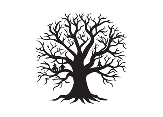 Halloween Tree Silhouette Vector Illustration on White Background.