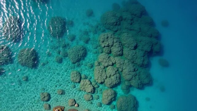 Aerial view of Elafonisi Beach in Crete, showcasing turquoise waters, rocky formations, and underwater patterns with smooth camera motion.