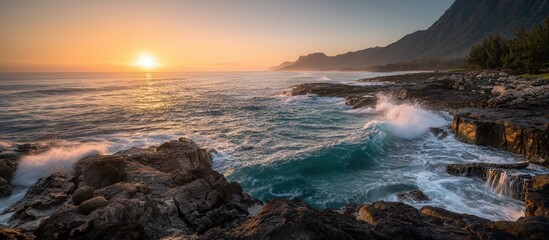 Fototapeta premium A stunning coastal sunset with waves crashing on rocky shores, framed by lush mountains, creating a serene and picturesque natural scene.