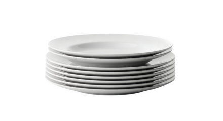 Stack of white plates isolated on transparent background for dining service