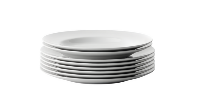 Stack of white plates isolated on transparent background for dining service