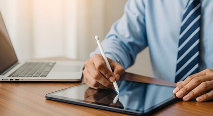 Man signing document on tablet with stylus pen near laptop on wooden desk in bright office setting