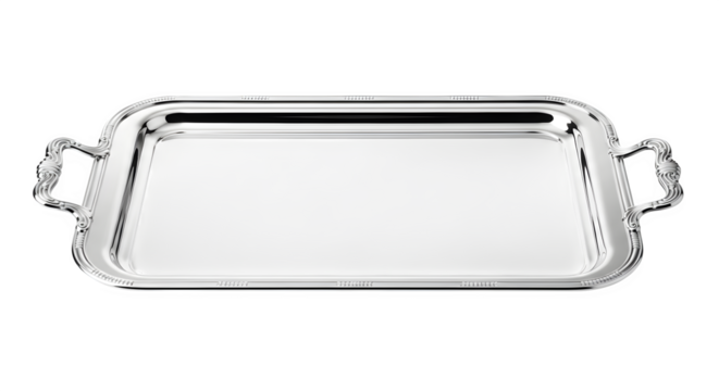 Elegant silver serving tray isolated on transparent background in studio shot