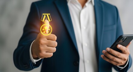 Man in suit holding smartphone with digital medal overlay giving a thumbs up gesture of approval