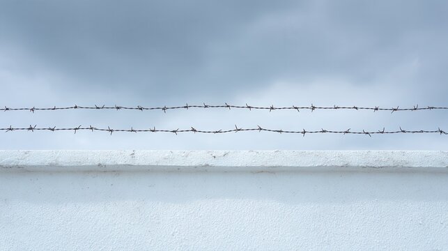 A stark image of a white wall topped with barbed wire, set against a moody, overcast sky, symbolizing confinement or boundary.