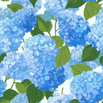Seamless blue hydrangeas and leaves illustration with white background for fashion, textile, fabric, decoration and floral design