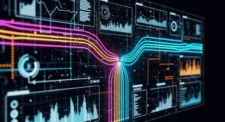 Obraz premium Futuristic technology background showing data analysis on a digital dashboard. Glowing lines represent big data processing, AI, and network communication.