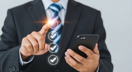 Businessman in suit using smartphone with digital checklist interface for task management system