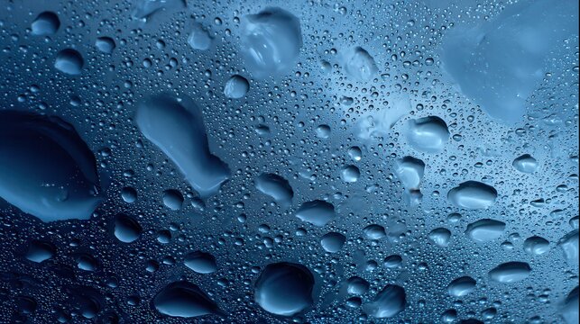 A close-up view of water droplets on a surface, showcasing a mesmerizing array of shapes and reflections against a blue background.