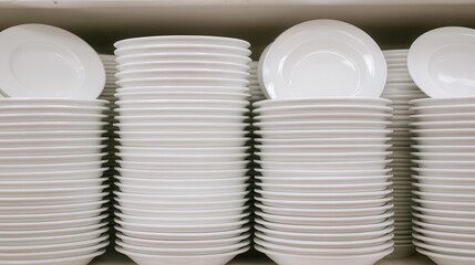 Obraz premium A neat stack of white plates arranged in rows, showcasing a clean and organized kitchenware display.