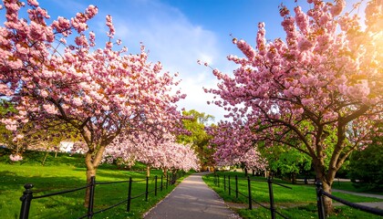 Naklejka premium Path lined by pink trees.