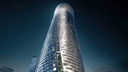 ascending ribbon of light ascending skyscraper facade night view progress metaphor illustration concept scene visual for commercial design use high detail quality stock image illustration concept