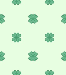 Seamless repeating pattern of filled green four-leaf clovers on a soft pastel background. A cheerful and symbolic design for textiles, wrapping paper, and festive projects.