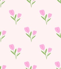 Seamless pattern of pink tulip flowers with green leaves on a soft pastel background. Cheerful and delicate floral design perfect for stationery, fabric, and gift wrap.