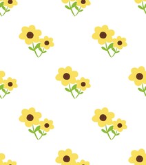 Fototapeta premium Seamless pattern of cartoon-style yellow sunflowers with green leaves on a white background. Bright and cheerful floral design for textiles, stationery, and kids’ themes.