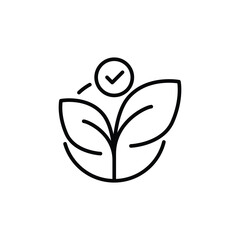 Eco acceptance icon. Simple outline style. Eco label with leaves and checkmark, tick, leaf, nature, tree, circle, plant, ecological concept. Thin line symbol. Vector isolated design