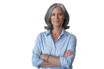 Professional headshot portrait of a mature woman with gray hair smiling confidently transparent background