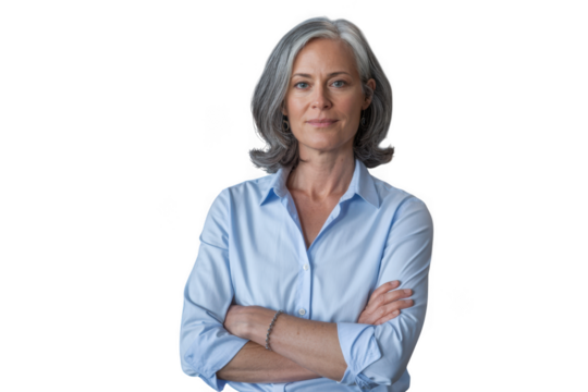 Professional headshot portrait of a mature woman with gray hair smiling confidently transparent background